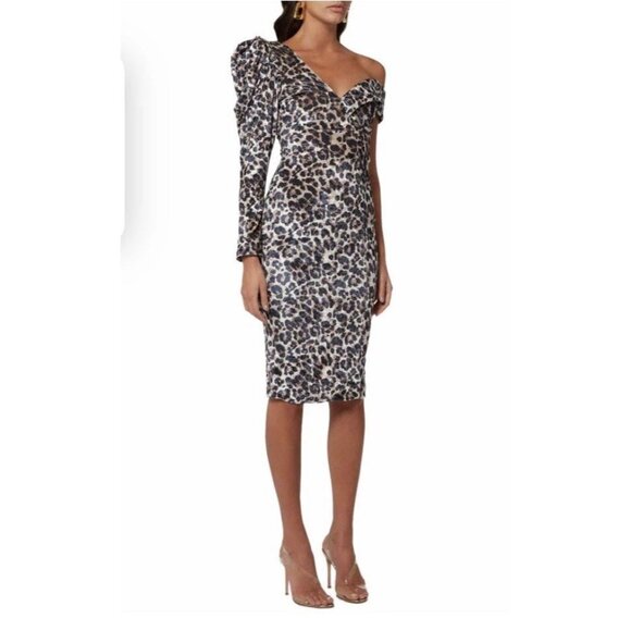 Lavish Alice NEW Womens Velvet Statement Shoulder Midi Dress 6 Brown Leopard - Picture 3 of 10